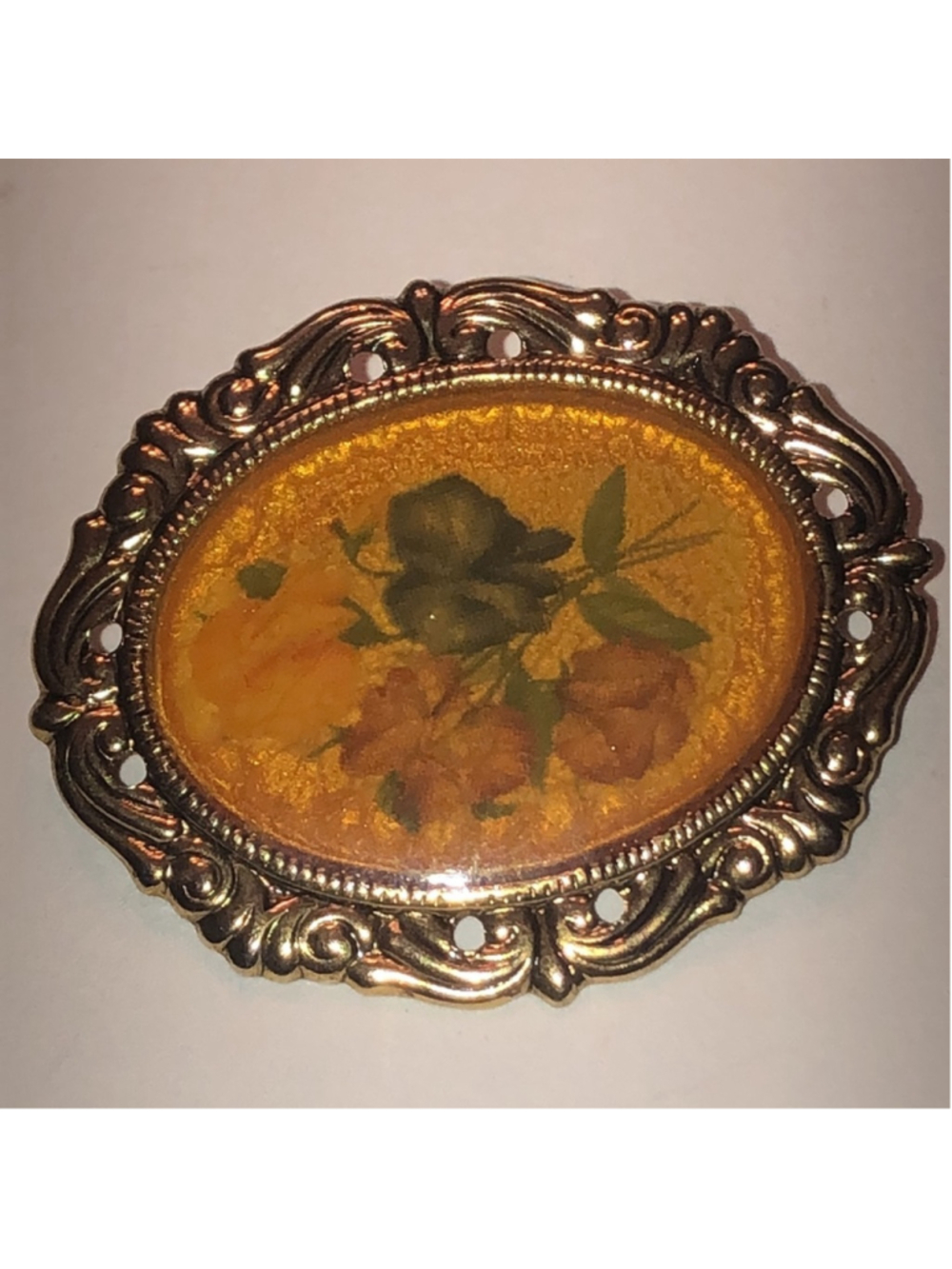 Vintage Gold Tone Floral Oval Boho Brooch Shoulder Pin